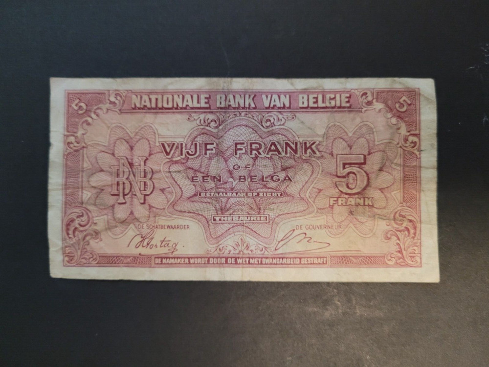 1943 Belgium 5 Franks WWII Currency Bank Note