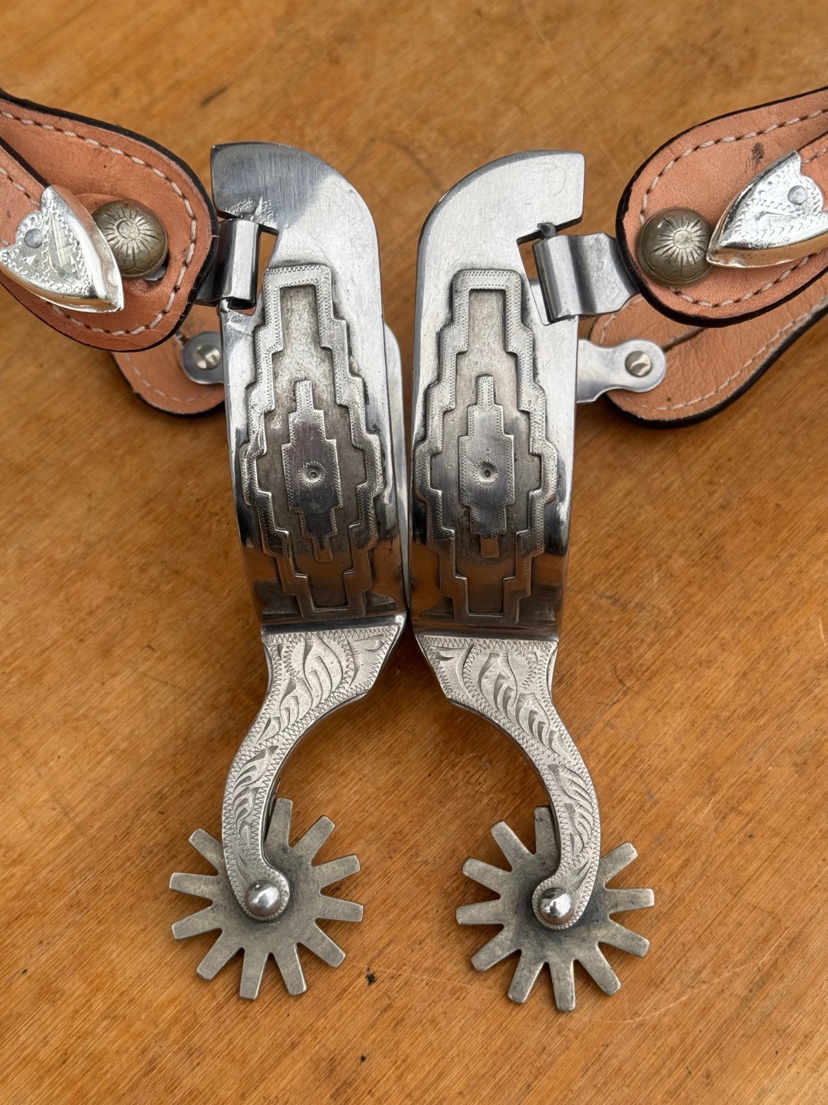 Stainless Steel Silver Mounted Western Show Spurs w Light Oil Straps