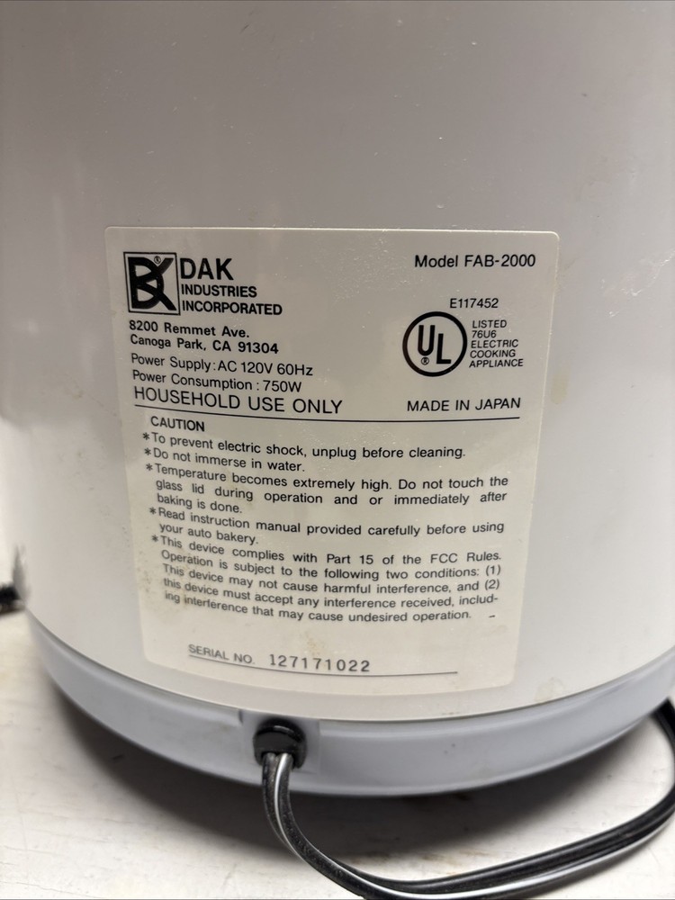 DAK Turbo Baker II FAB-2000 Bread Machine & Dough Maker - Tested & Working