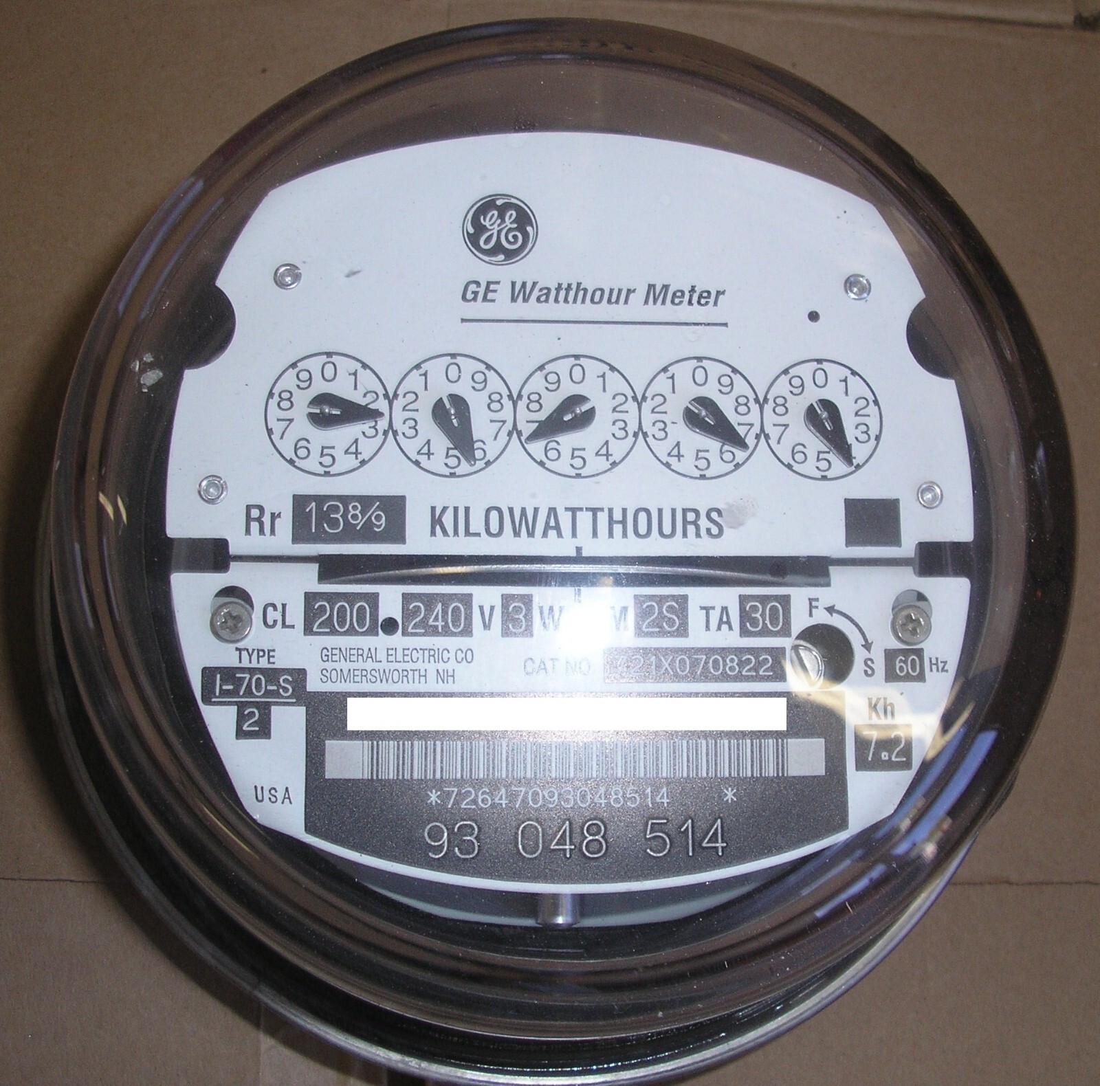 GE- ELECTRIC WATTHOUR METER (KWH) TYPE I70S, I-70S, FM 2S, 240V, 200A, 5 POINTER
