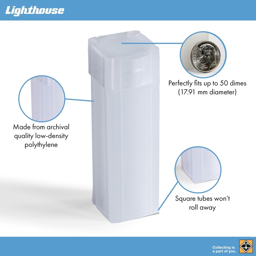 Lighthouse - Square Coin Tubes - Convenient Push Top, 10 pack, White