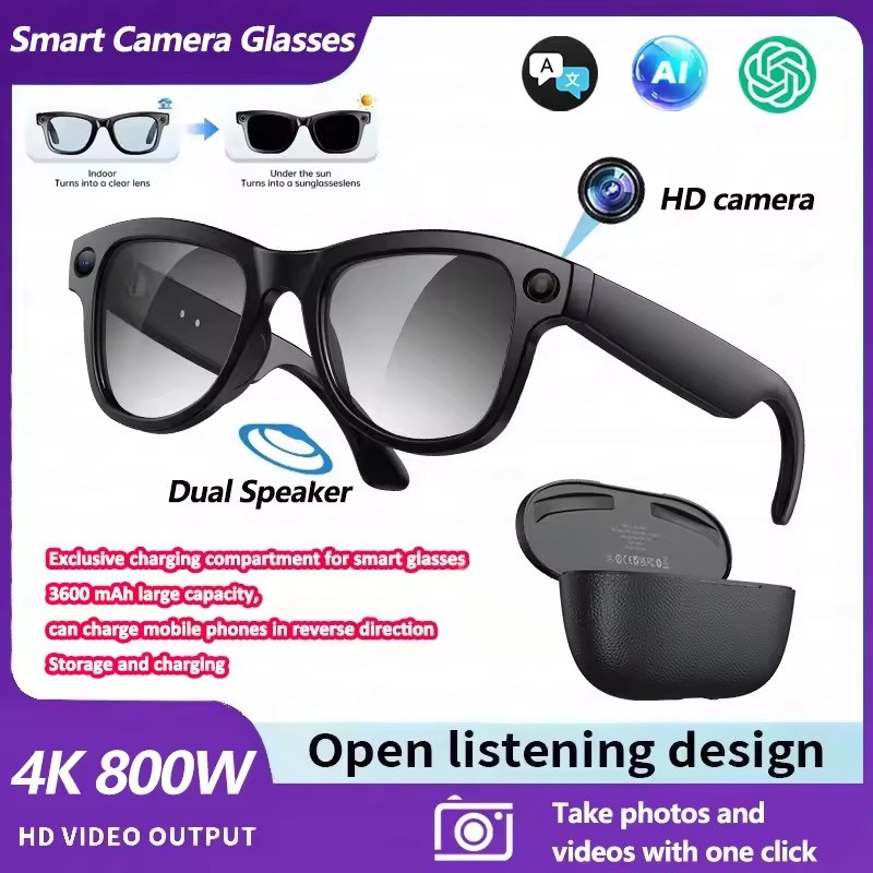 Smart HD Camera Glasses With Charging Case AI Translator Bluetooth Call Headset