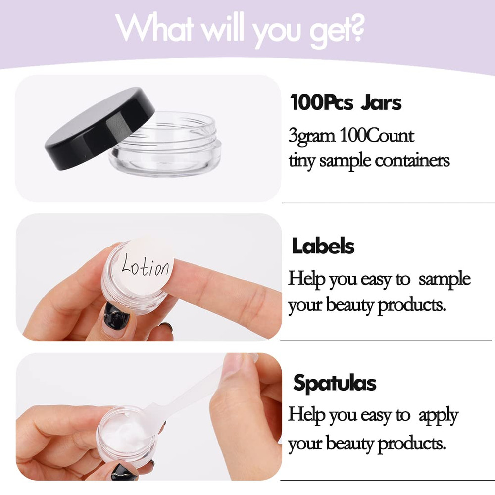 3 Gram Sample Containers with Lids, 100 Count Tiny Jars, Empty Lip Balm, Mini Co