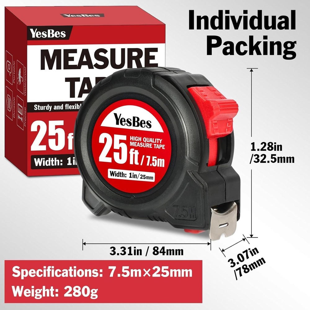 Measuring Tape 25 ft Bulk Pack Easy Read Retractable Self-Lock 5 Pack
