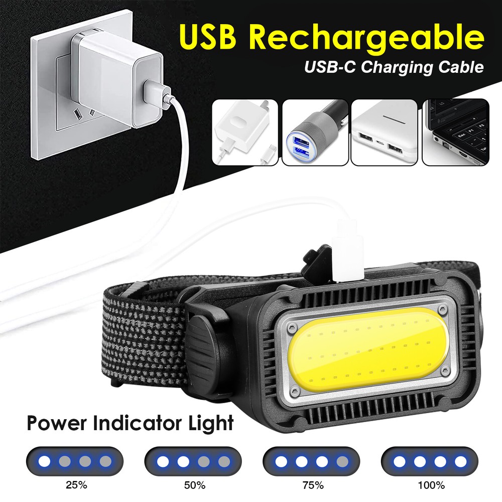 2pack Super Bright COB LED Headlamp Rechargeable Waterproof Headlight Work Light