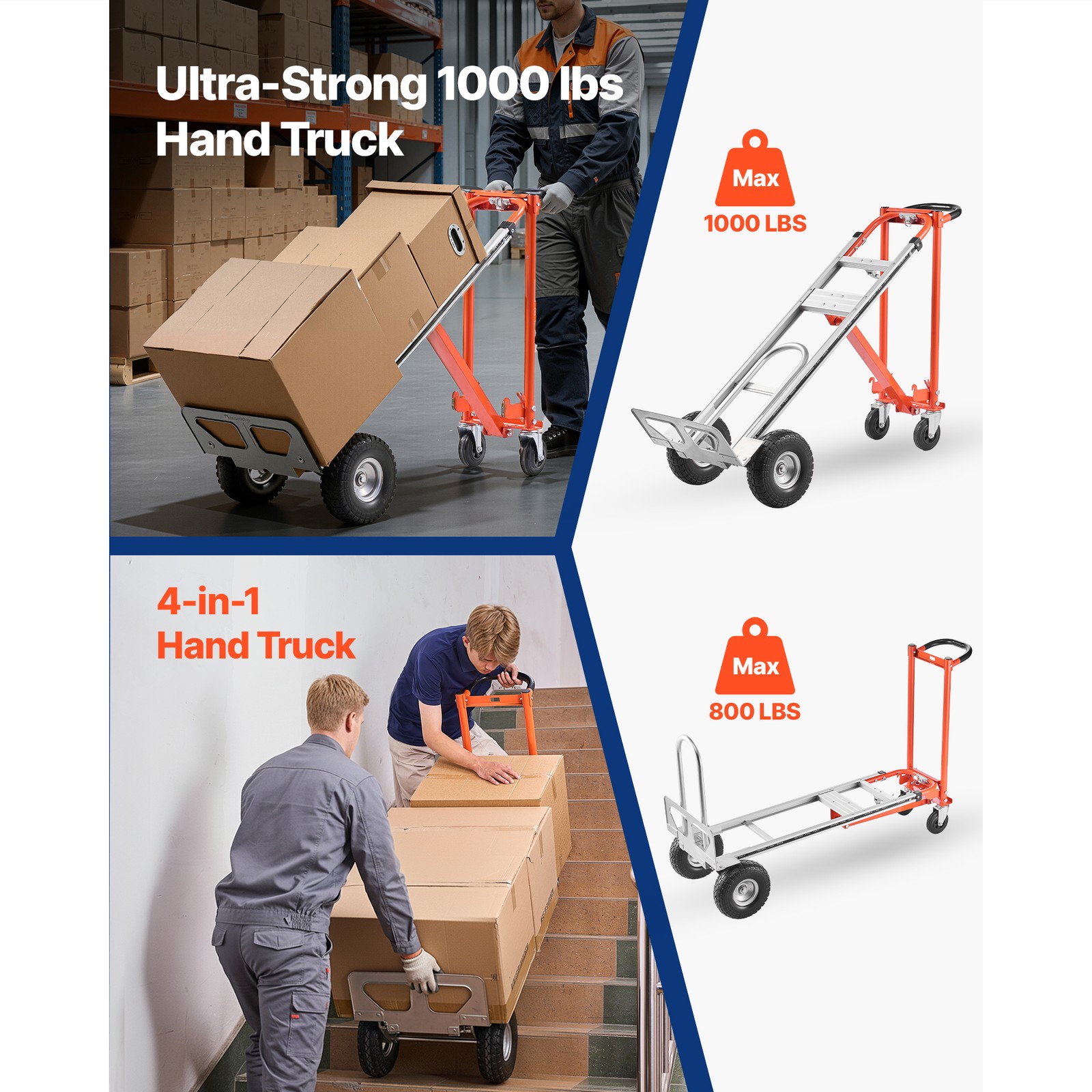 Uimoso 4-in-1 Aluminum Hand Truck, 1000 lbs Capacity, Convertible Dolly