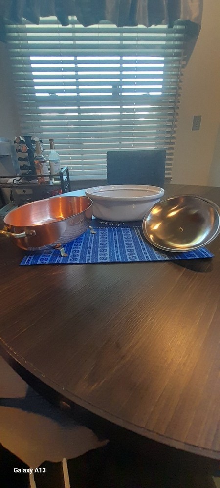 TWO QUART COPPER AND CERAMIC OVAL CHAFING DISH WITH LID