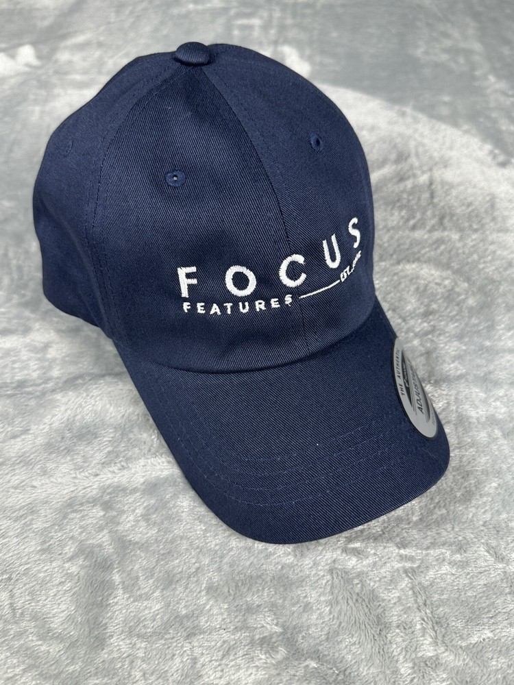 Focus Features Logo Hat Strap Back Cap Blue White Spell Out Adjustable Sizing