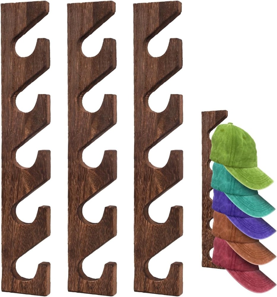 3PCS Wall Mounted Hat Rack for Baseball Caps - Vertical Organizer Brown-3pack