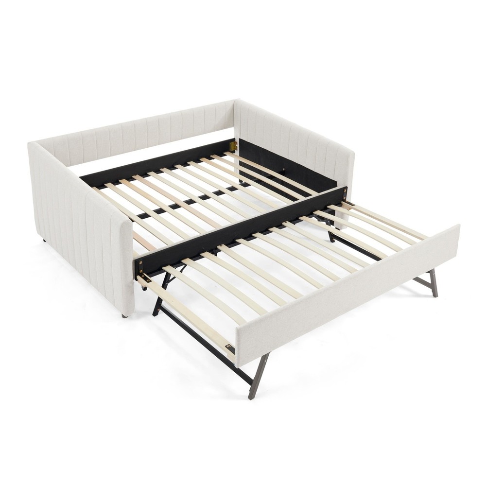 Full Daybed Modern Linen Upholstered Bed Frame Sofa Bed w/ Pull-Out Trundle