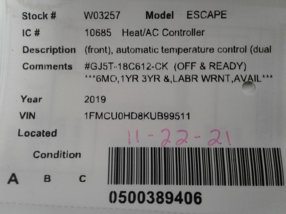 Used A/C Selector Switch fits: 2019 Ford Escape front automatic temperature cont