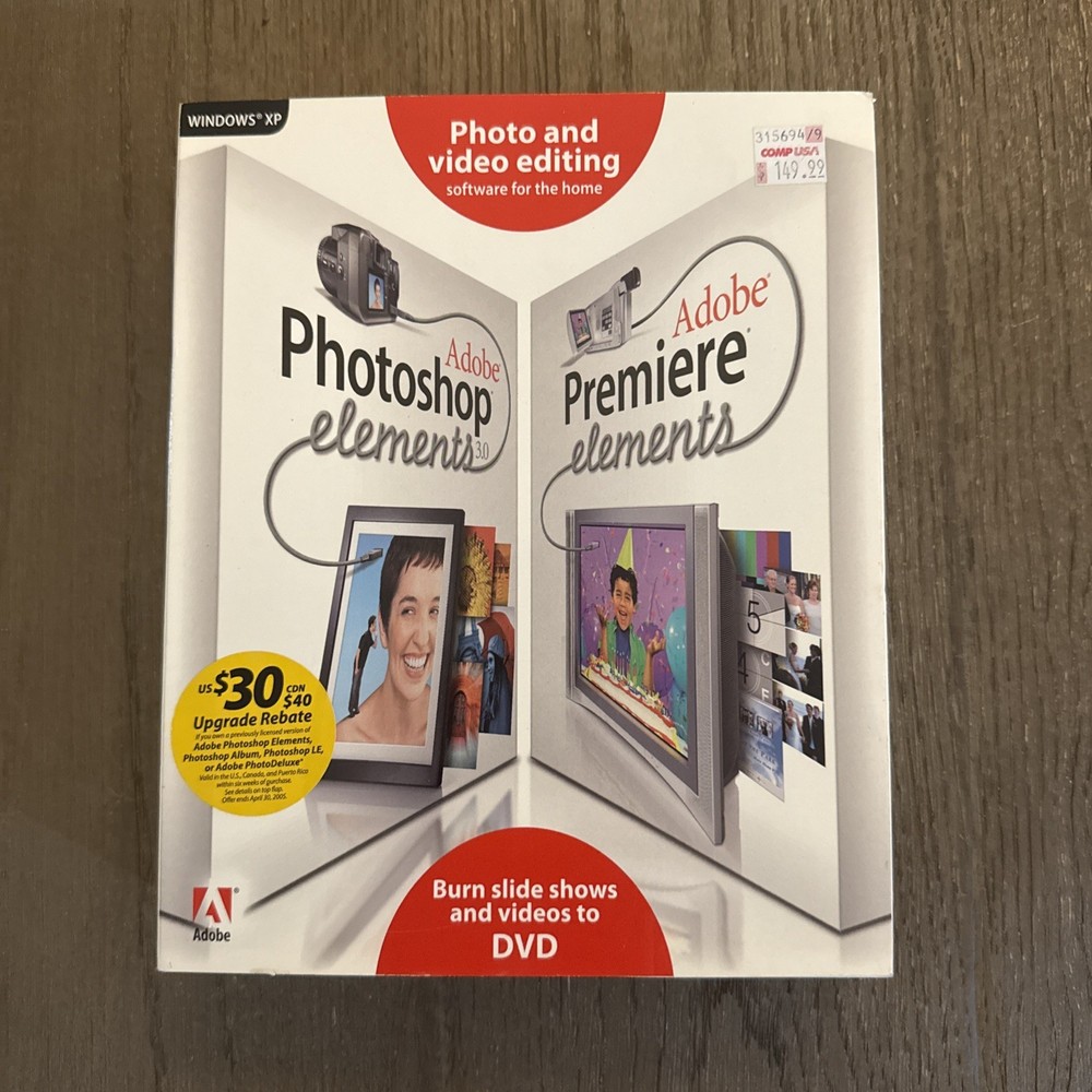 Adobe Photoshop Elements 3.0 PLUS Adobe Premiere Elements, for XP NEW SEALED!