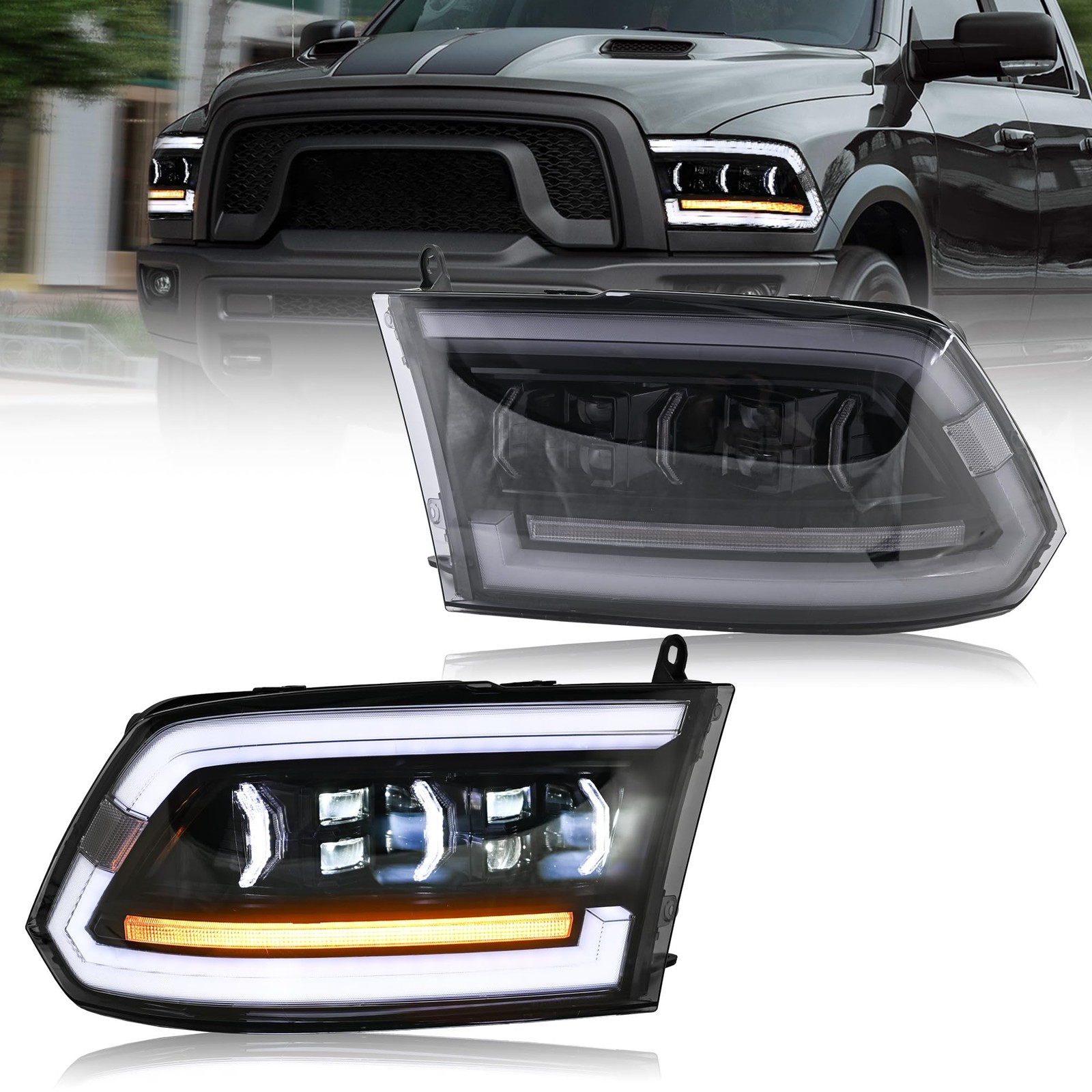 Smoke Headlights Compatible For 4th Gen Dodge Ram 1500 2500 3500 2009-2018