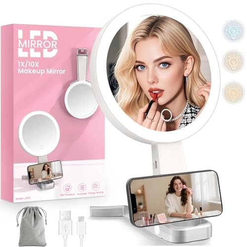 Makeup Mirror with Lights, 10X /1X Double-Sided Lighted Makeup White Silver