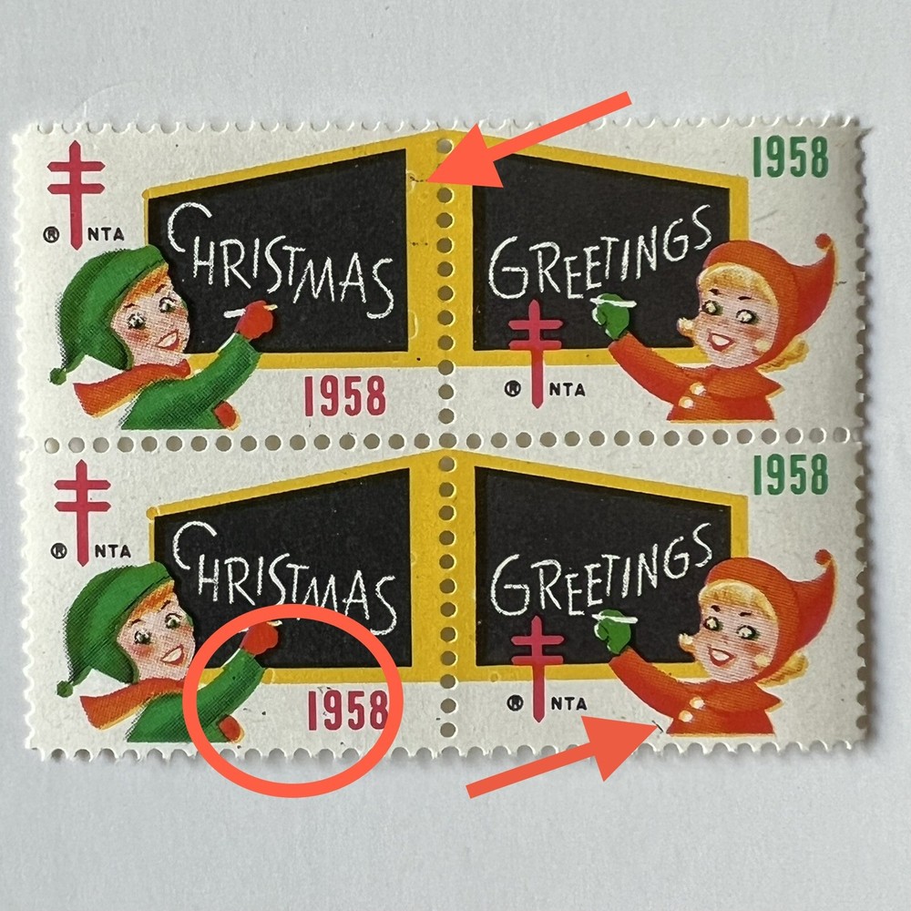 ERROR 1958 CHRISTMAS SEAL BLOCK WITH SEVERAL BLACK MARKS MNH