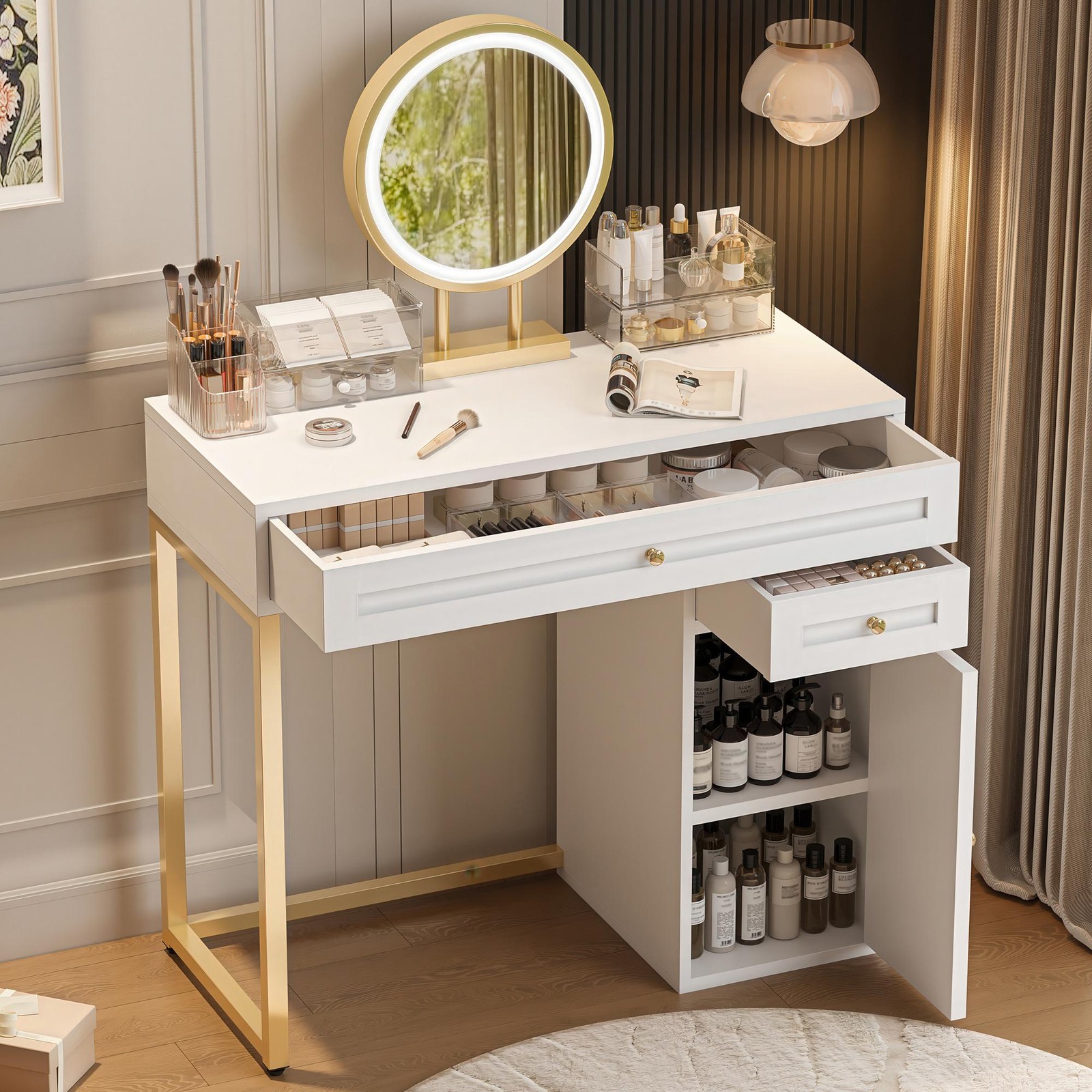 Vinsetto 31.5" Makeup Vanity Desk with Lighted Mirror, White+Gold