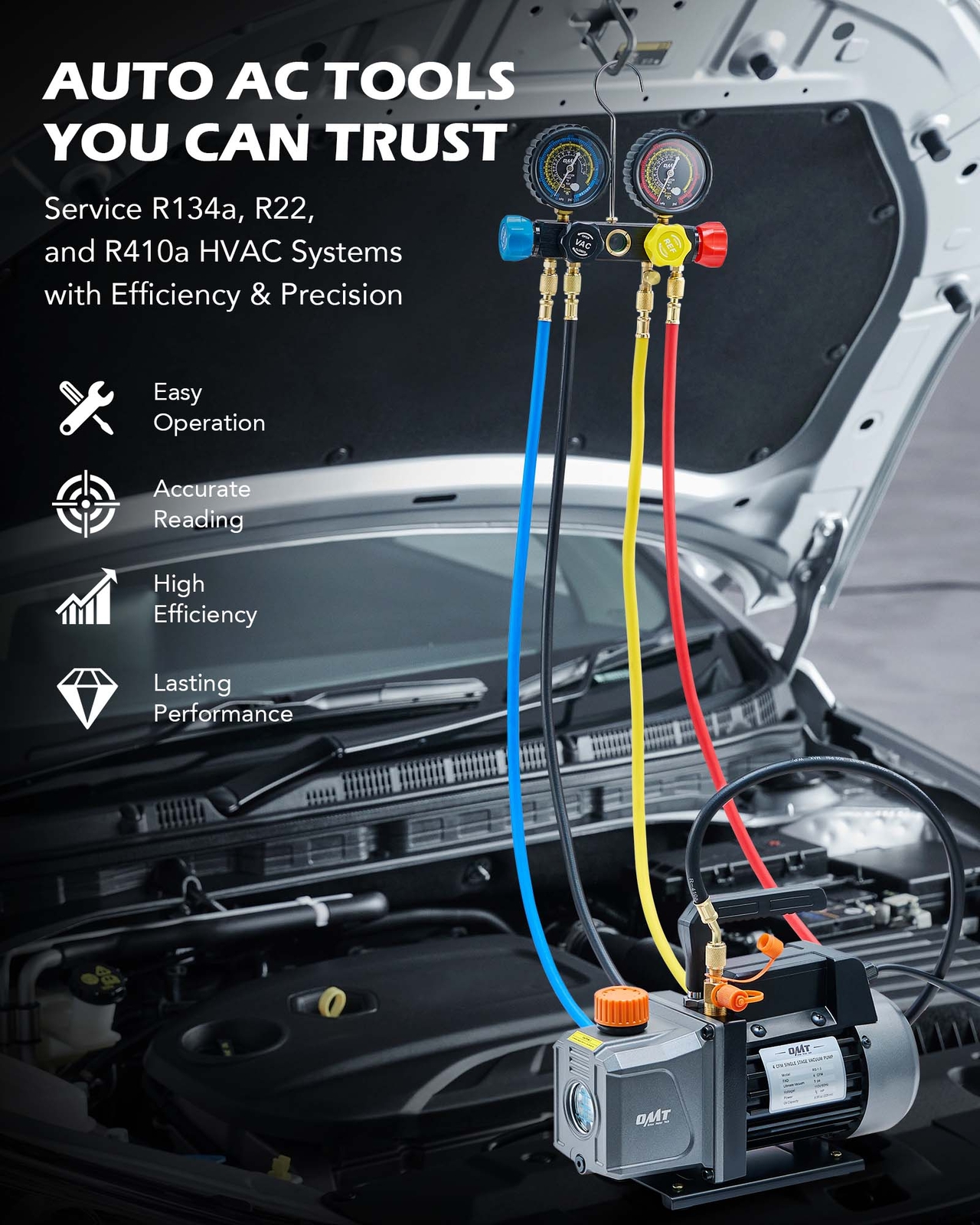 OMT 4CFM Vacuum Pump HVAC Refrigeration AC Manifold Gauge Set Leak Detector Bag