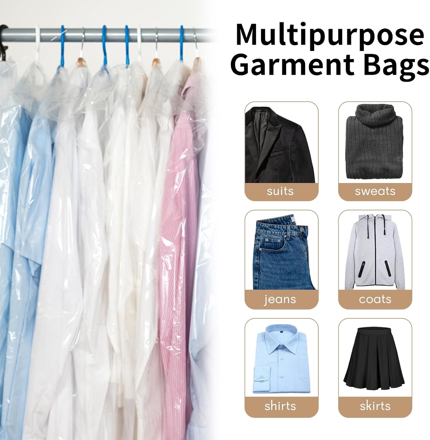 10/20/30 Pack Garment Bags for Hanging Clothes, Clear Plastic Dry Cleaning Bags