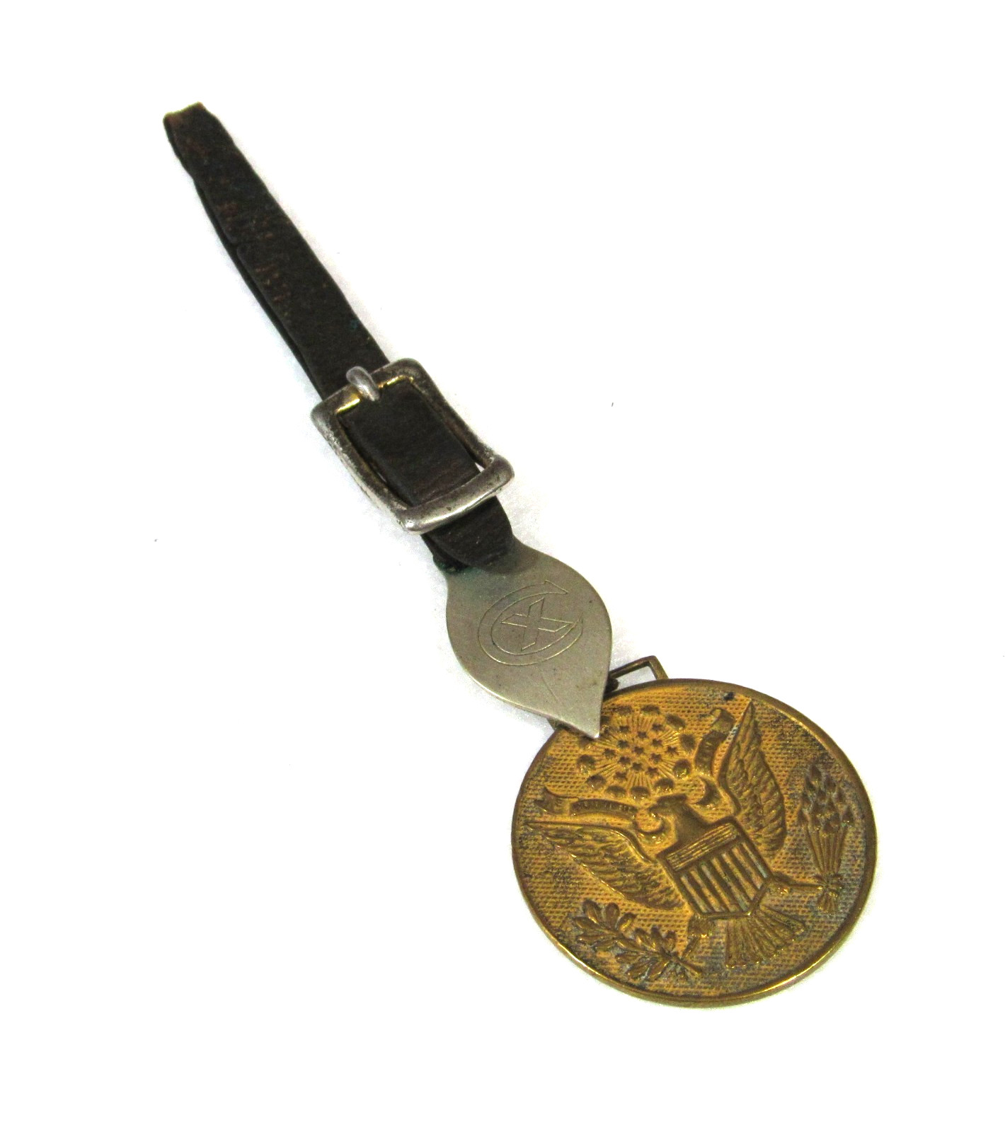 WWI US ARMY BRASS EAGLE WATCH FOB W/ LEATHER STRAP
