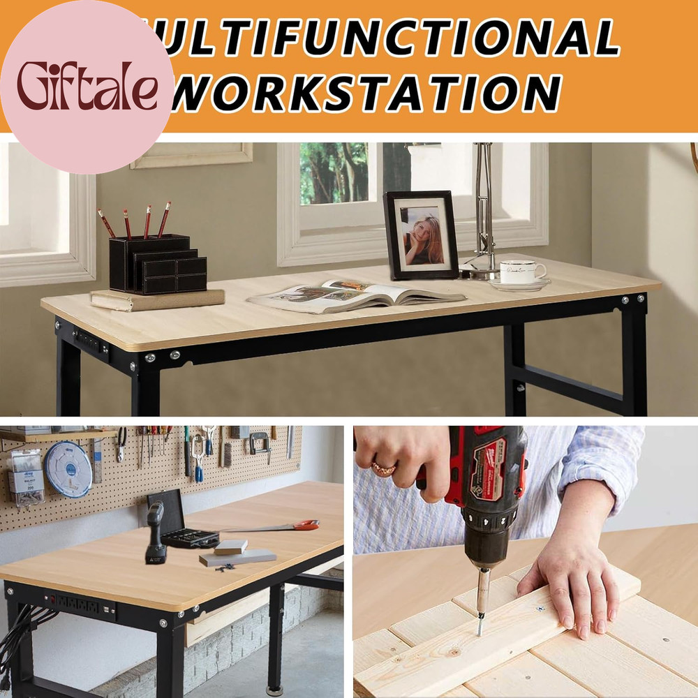 48'' Adjustable Workbench with Power Outlet, Work Table for Garage,2000 Lbs Capa