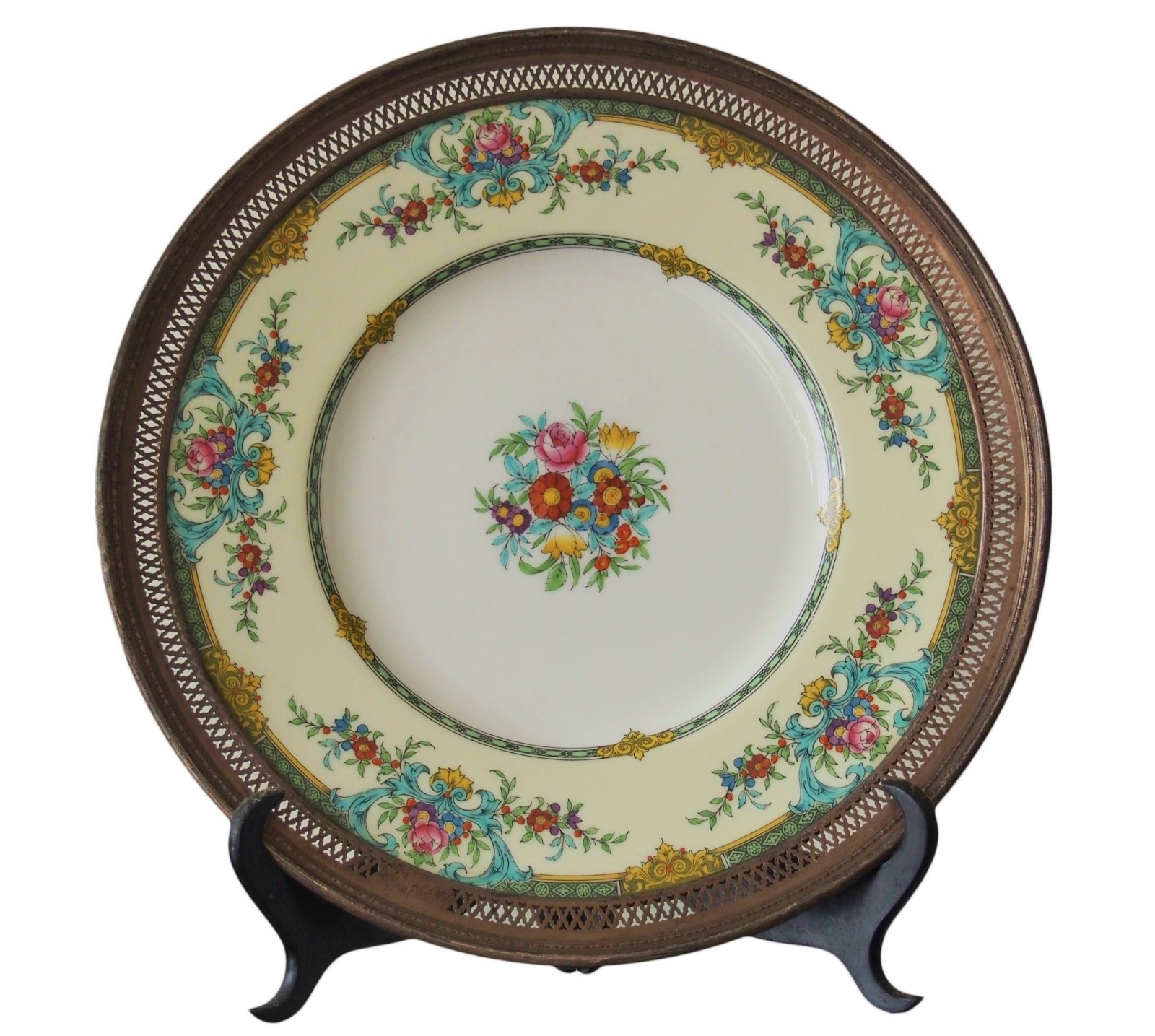 MINTON Antique Sterling Silver Rim Hand Painted Porcelain Plate