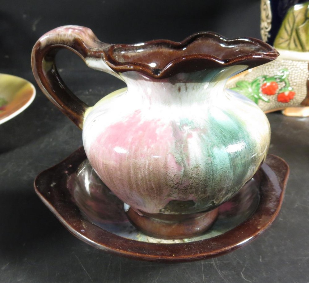 Mottled Brown & Multi-Colored Miniature Pottery Bowl & Pitcher Unknown