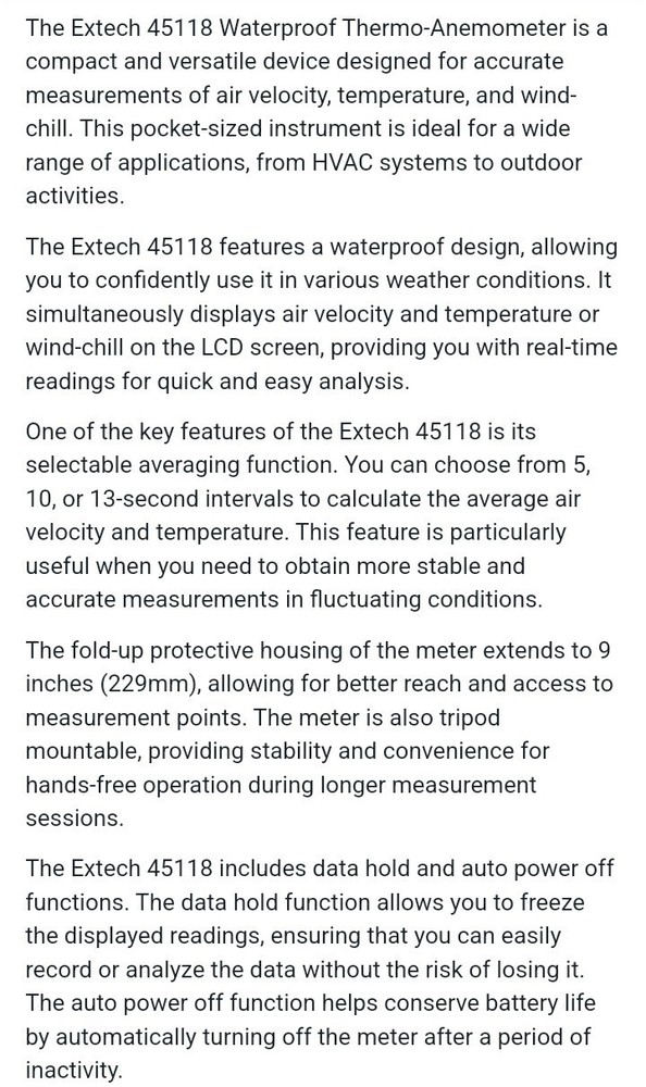 Extech Instruments Mini Thermo-Anemometer 45118 Water Resistant
