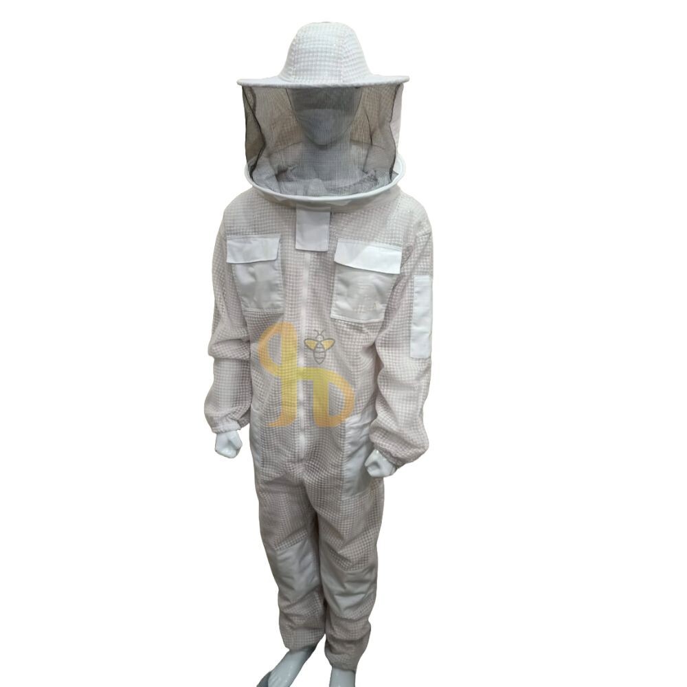 Beekeeping Protective Suit 3 Layers Full Ventilated Round Hat, White, Large