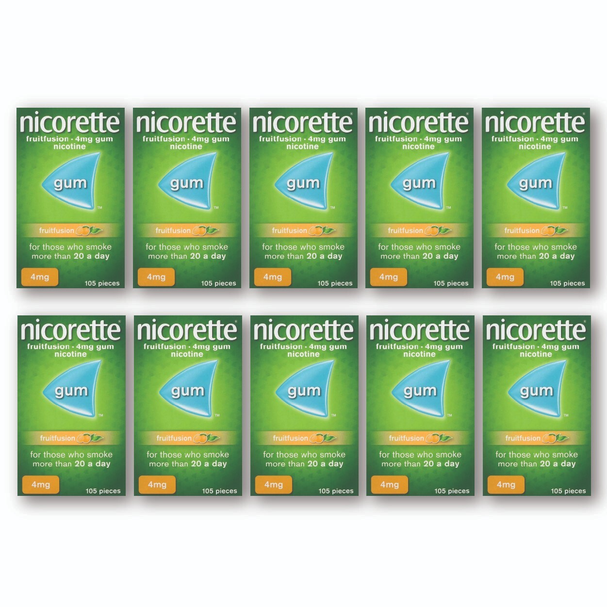 10 PACK Nicorette FRUIT FUSION Stop Smoking Chewing Gum 4mg 105Pieces