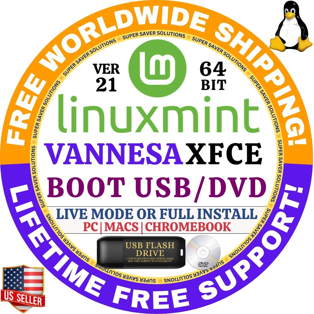 Linux MINT 21 USB VANESSA XFCE 64-Bit Live Boot, Full Install works on MAC, PC