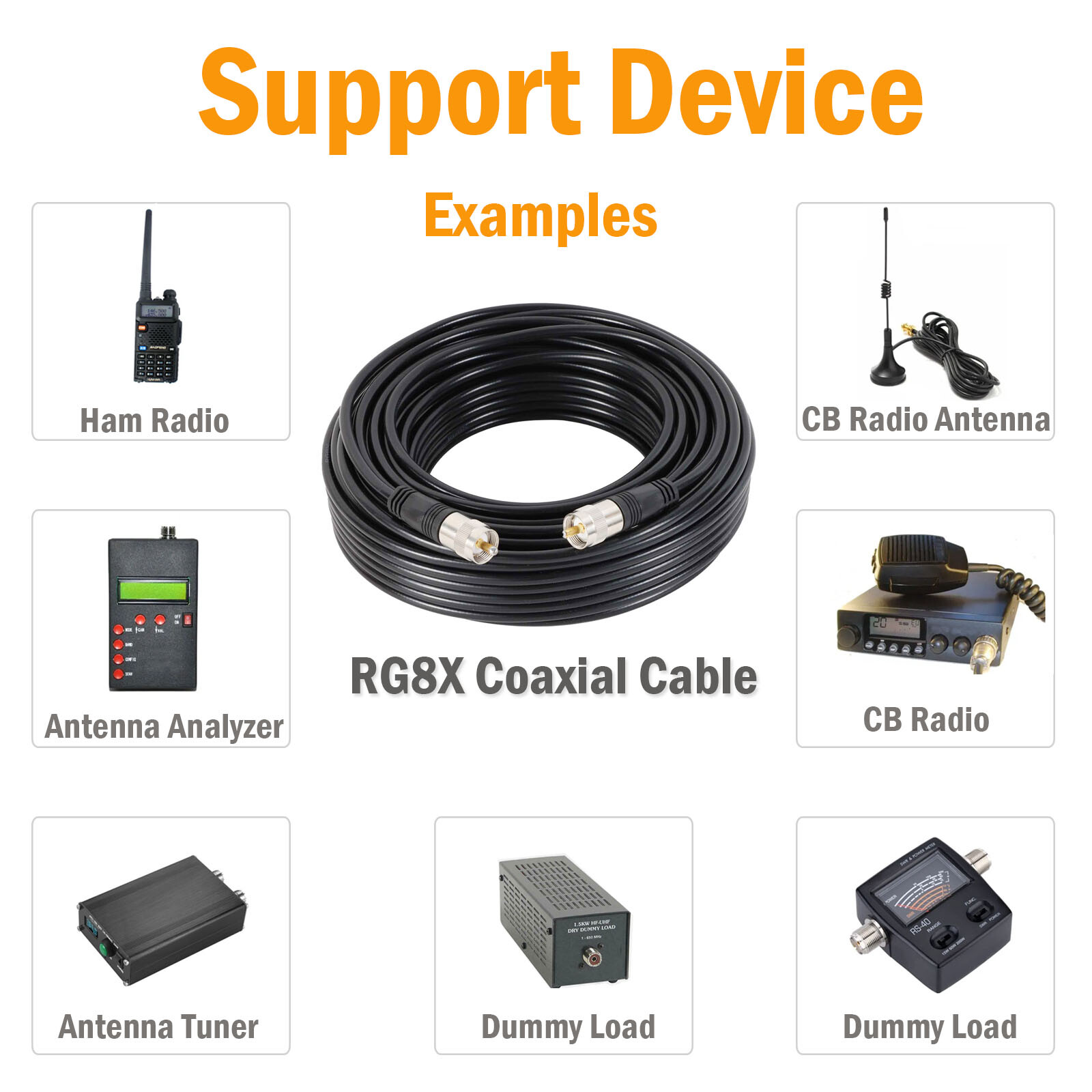 20/50/100ft RG8X Cable Coaxial CB Coax UHF PL259 Connector Male to Male Antenna