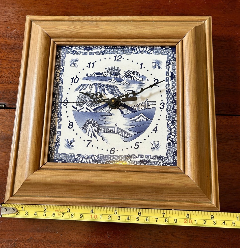 Vintage Blue & White Willow Pattern Ceramic Tile Wall Clock, Wooden Frame