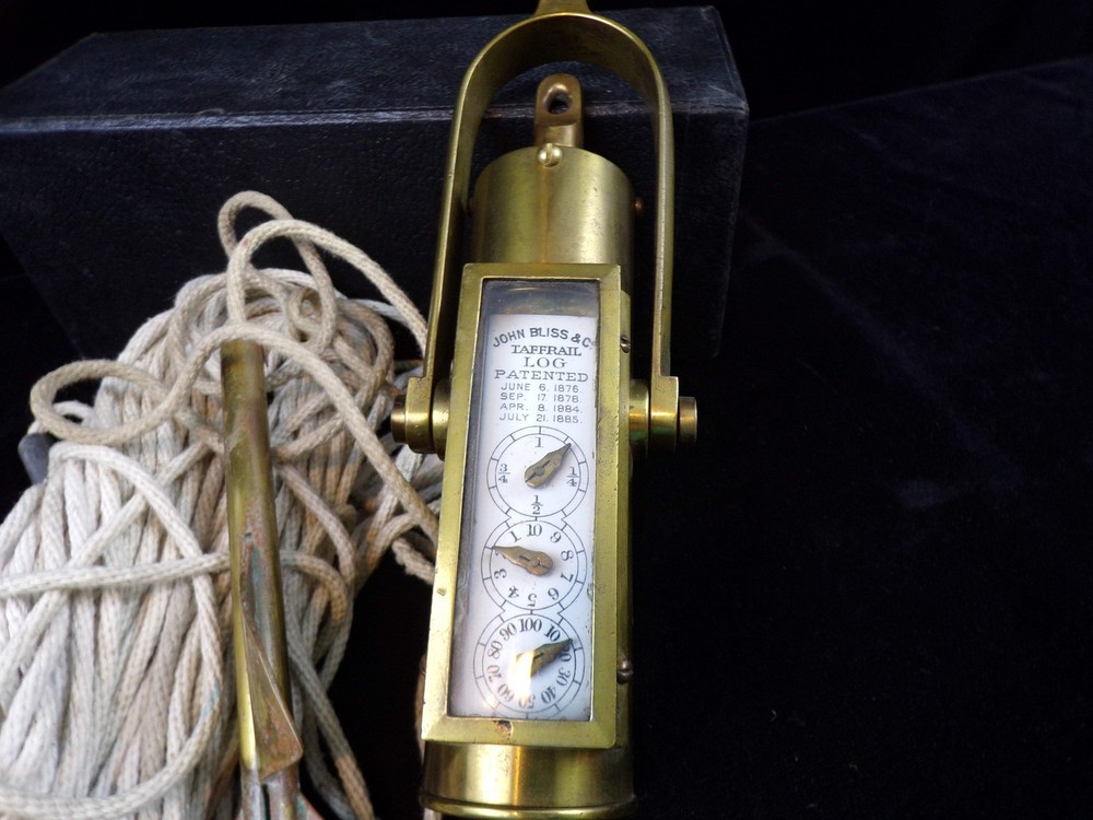 John Bliss & Co. Brass Taffrail Log with Spinner and Box, Complete