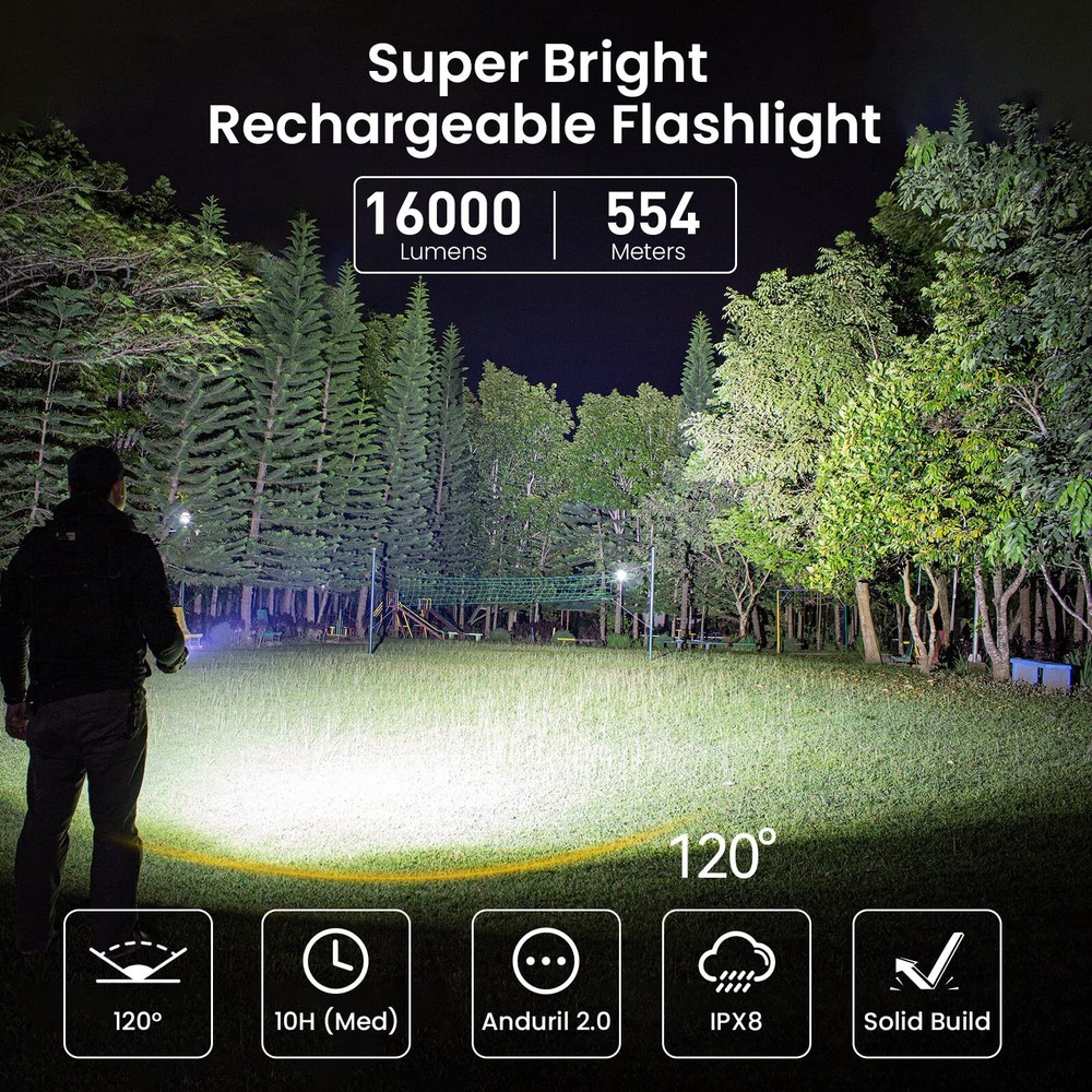 Super Bright Flashlight max 16000 Lumens, Rechargeable Powerful