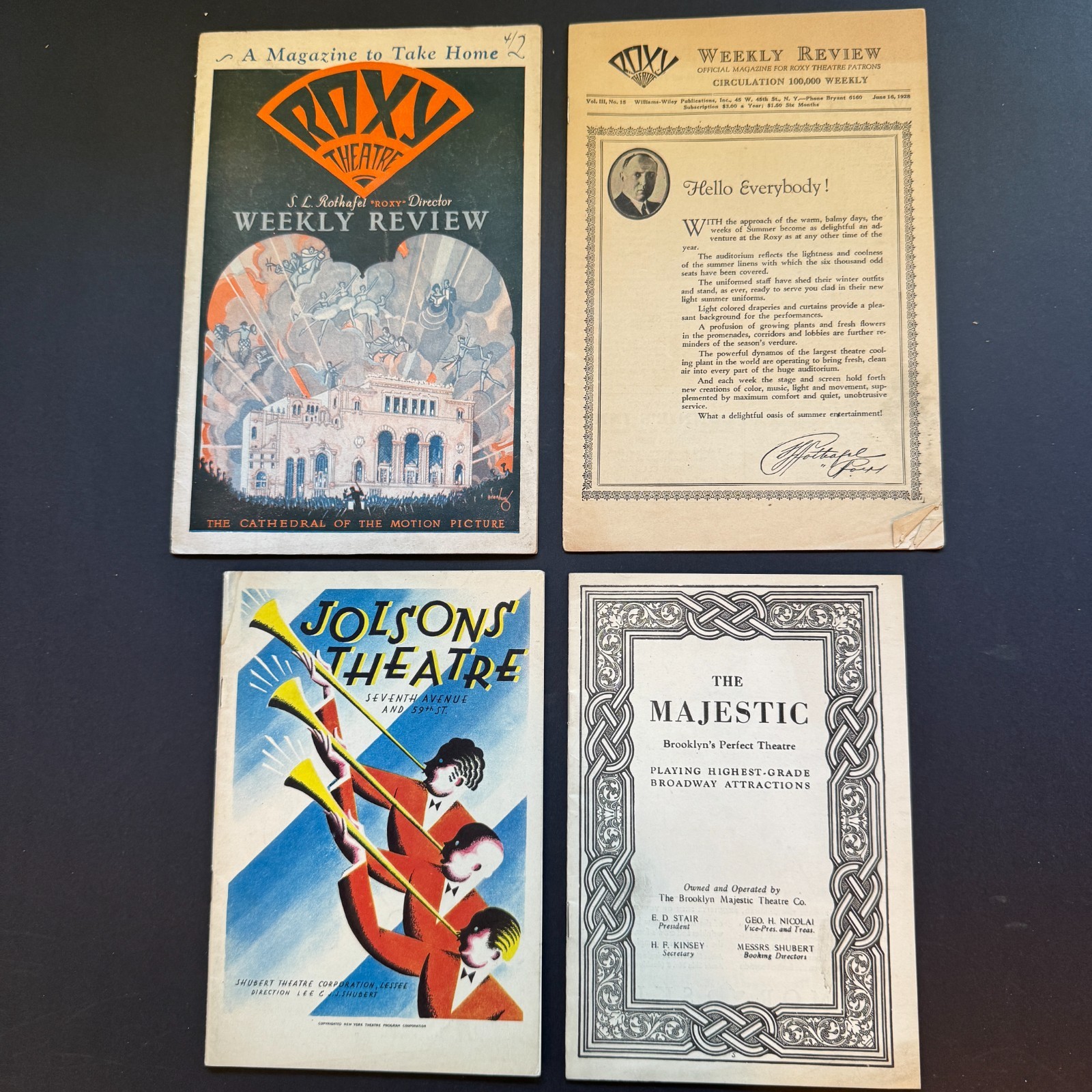 Vintage Broadway Theater Programs 1920s Art Deco Roxy, Jolsons, Majestic