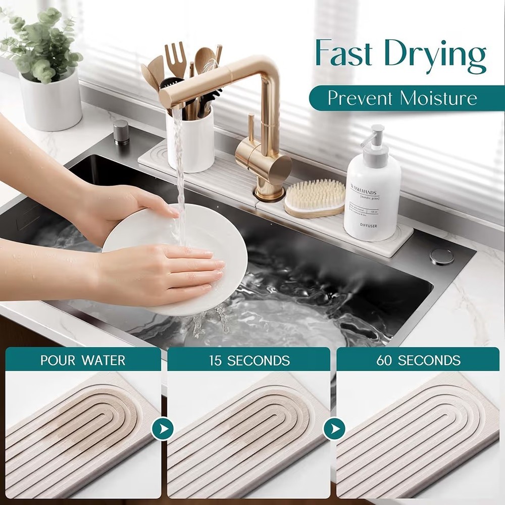 Faucet Mat for Kitchen Sink Diatomite Drying Stone Mat & Sink Protector, Prevent