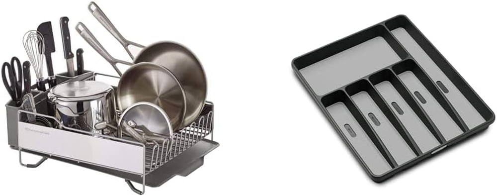 Full Size Dish Rack, Light Grey & Madesmart Classic Large Silverware Tray - Gran