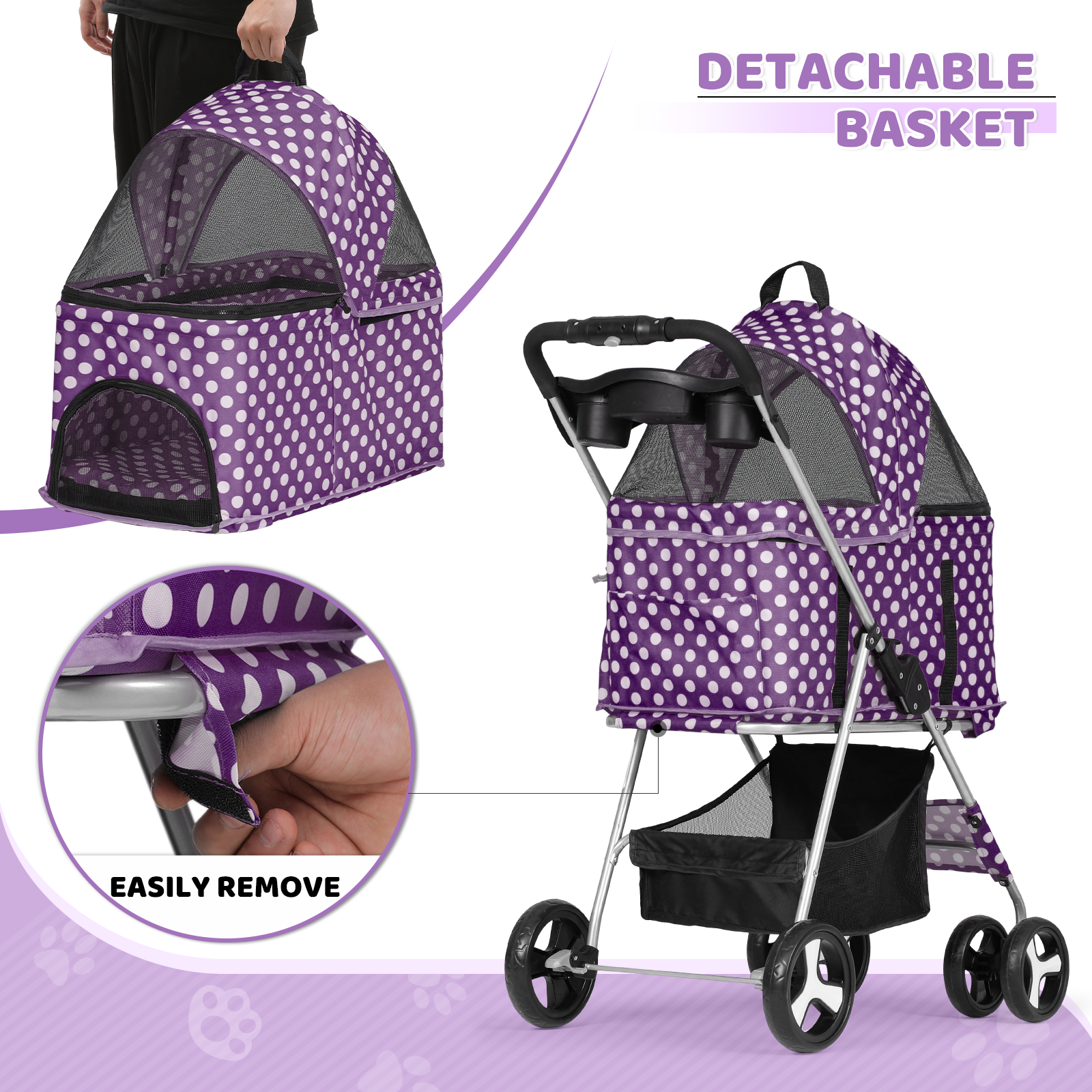 Pet Stroller 4 Wheels,3-in-1 Foldable Dog Stroller w/Storage Basket&Cup Holder