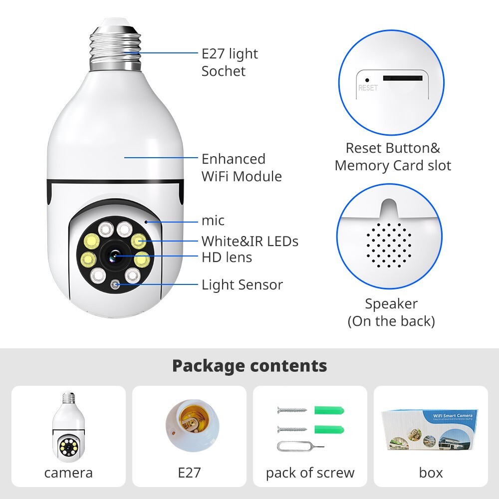 1080P E27 Light Bulb Security Camera Wireless WiFi Camera 360°Night Vision Home