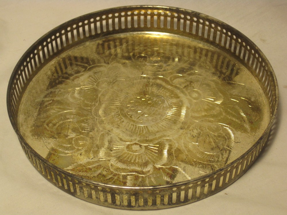 ornate vintage E.P.N.S. India etched tray etch floral flower silver-plated serve