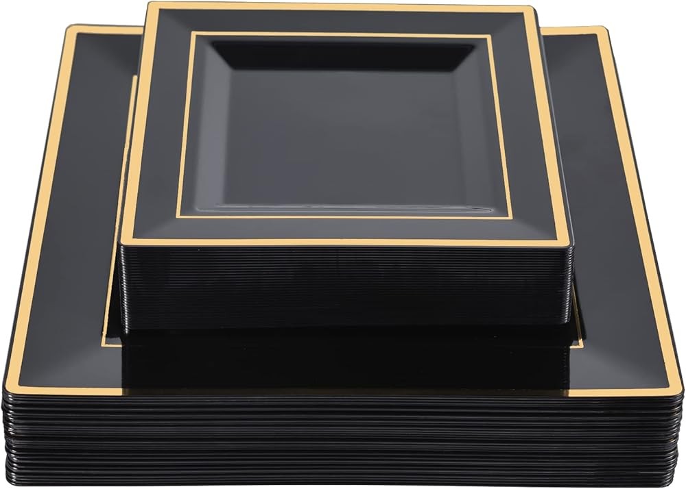 Bla Square Plastic Plates with Gold Rim Include 30 Disposable Dinner
