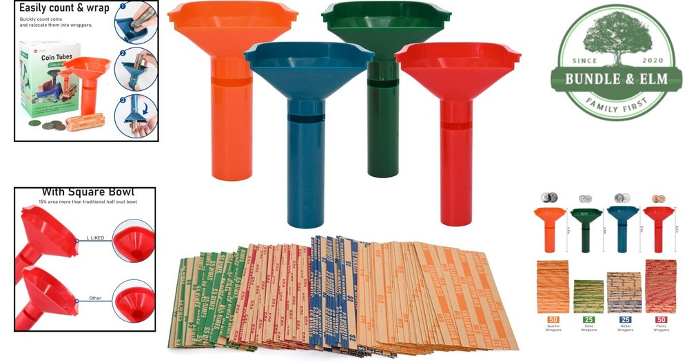 Durable Coin Sorting Tubes & 150 Assorted Flat Striped Wrappers - Easy Loading