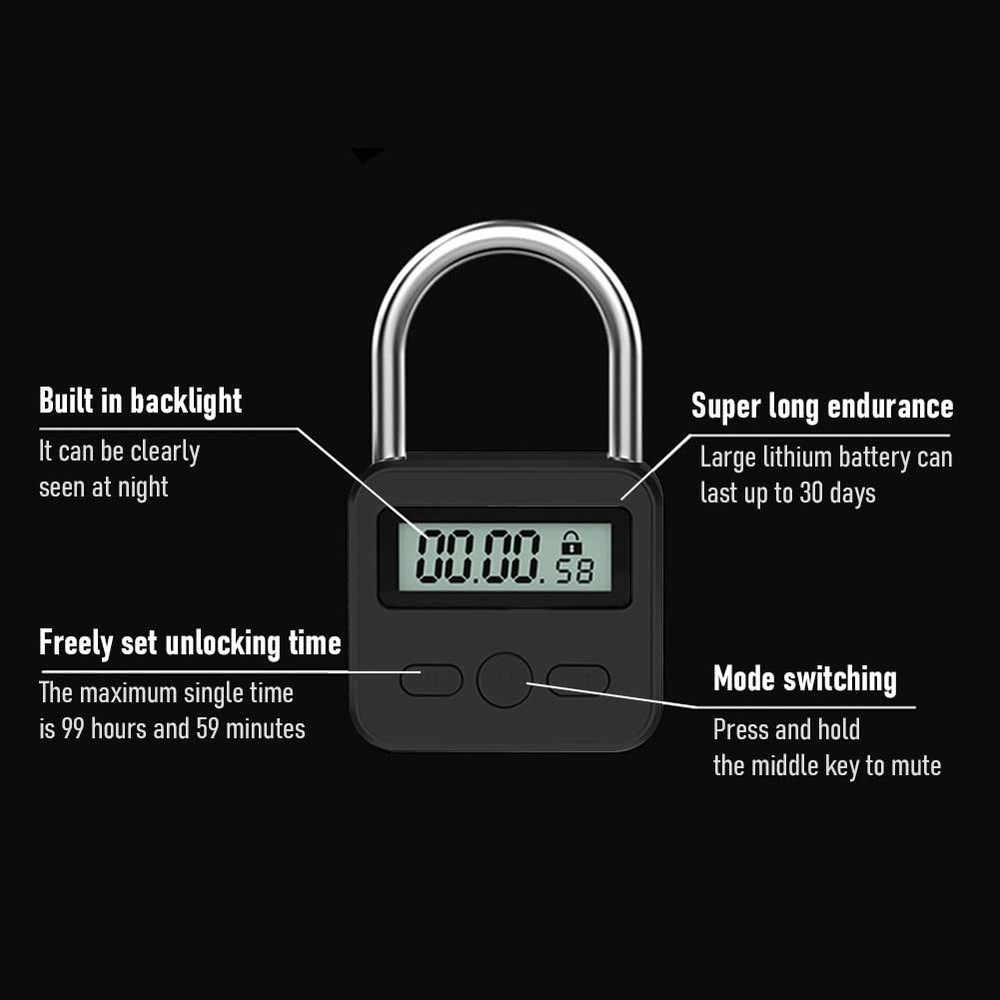 Metal Timer Lock - 99 Hours Max Timing, USB Rechargeable Timer Padlock with L...