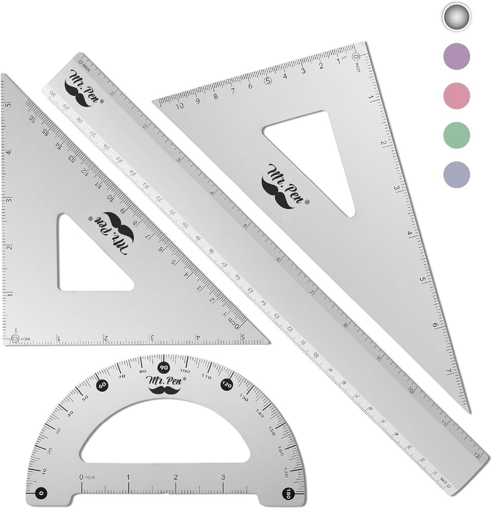 Metal Geometry Kit - 4Pack Set Square, Protractor, Aluminum Ruler, Drafting Tria