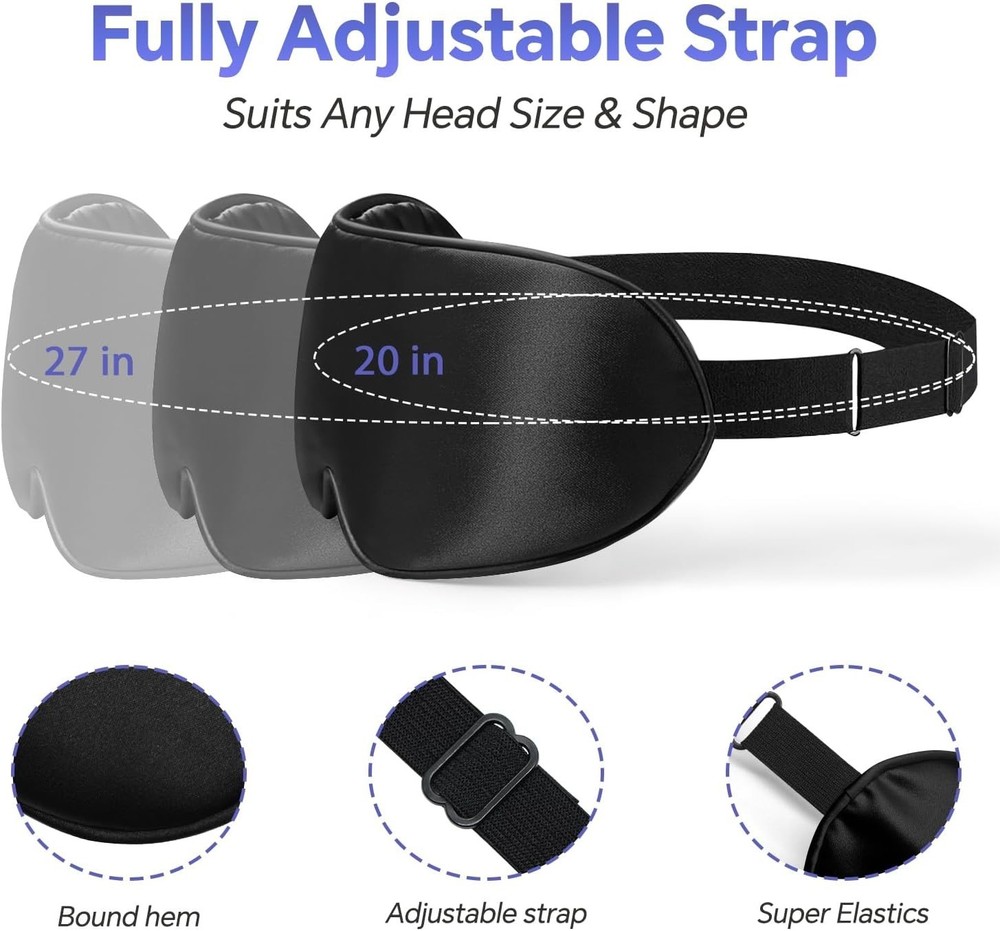 Silk Sleep Mask – 2 Pack Silk Eye Mask for Sleeping, Adjustable Strap, 100% Blac