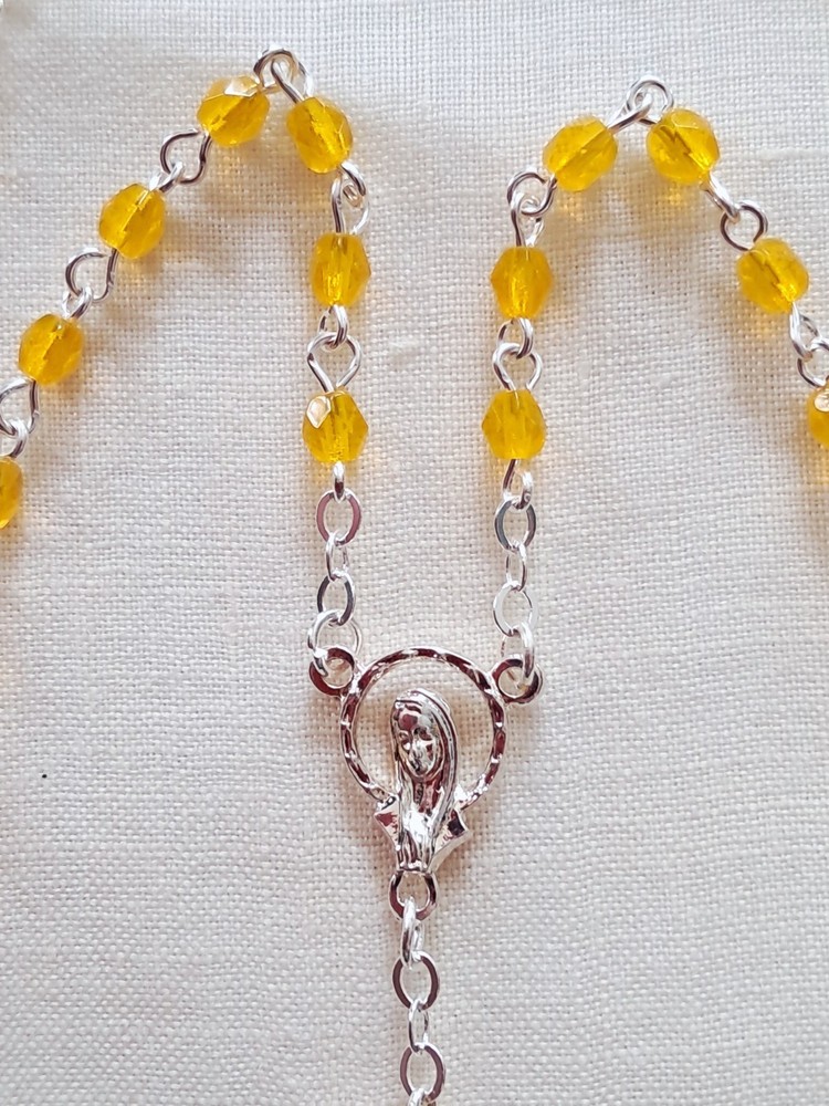 Mini Yellow Opal Czech Glass Rosary in Silver