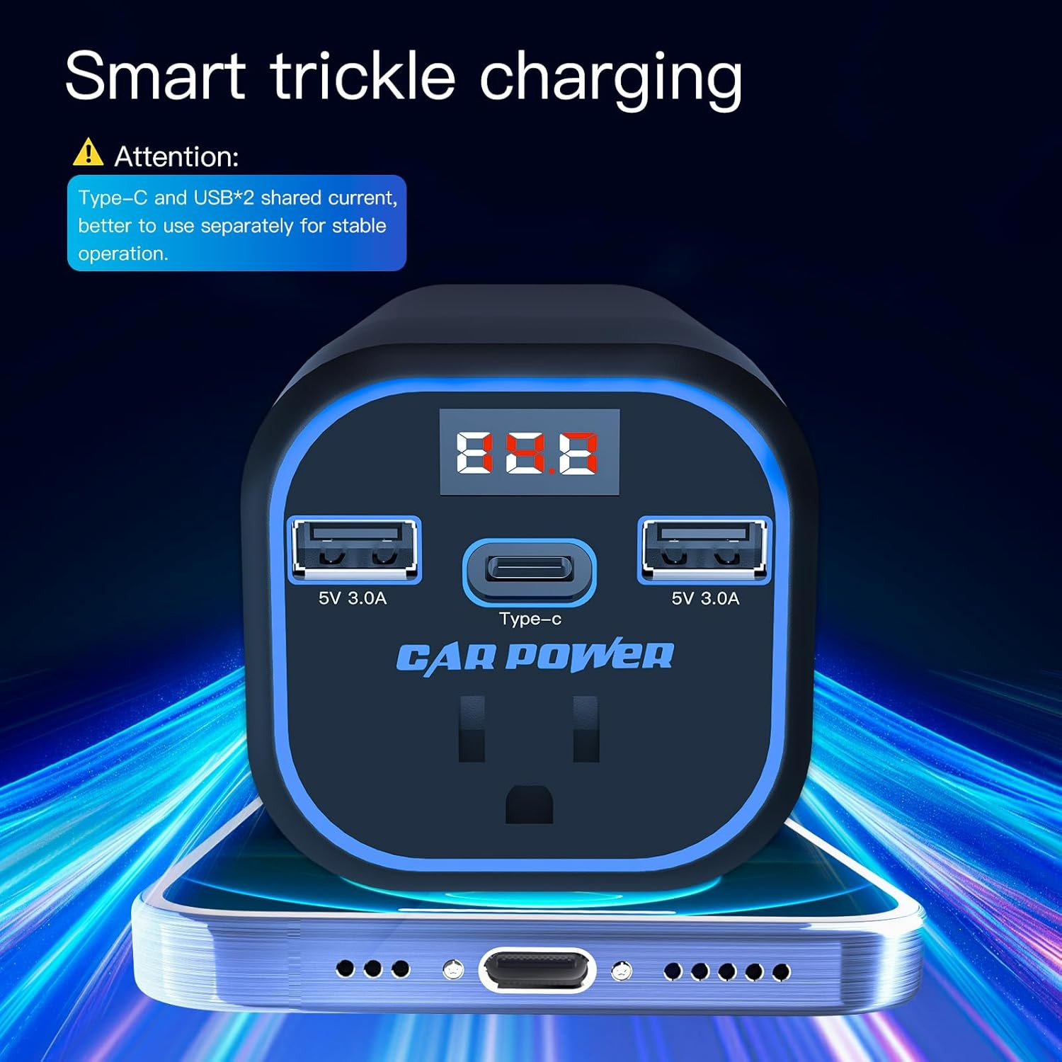 200W Car Power Inverter 12V to 110V Outlet Adapter Dual USB Type-C Blue