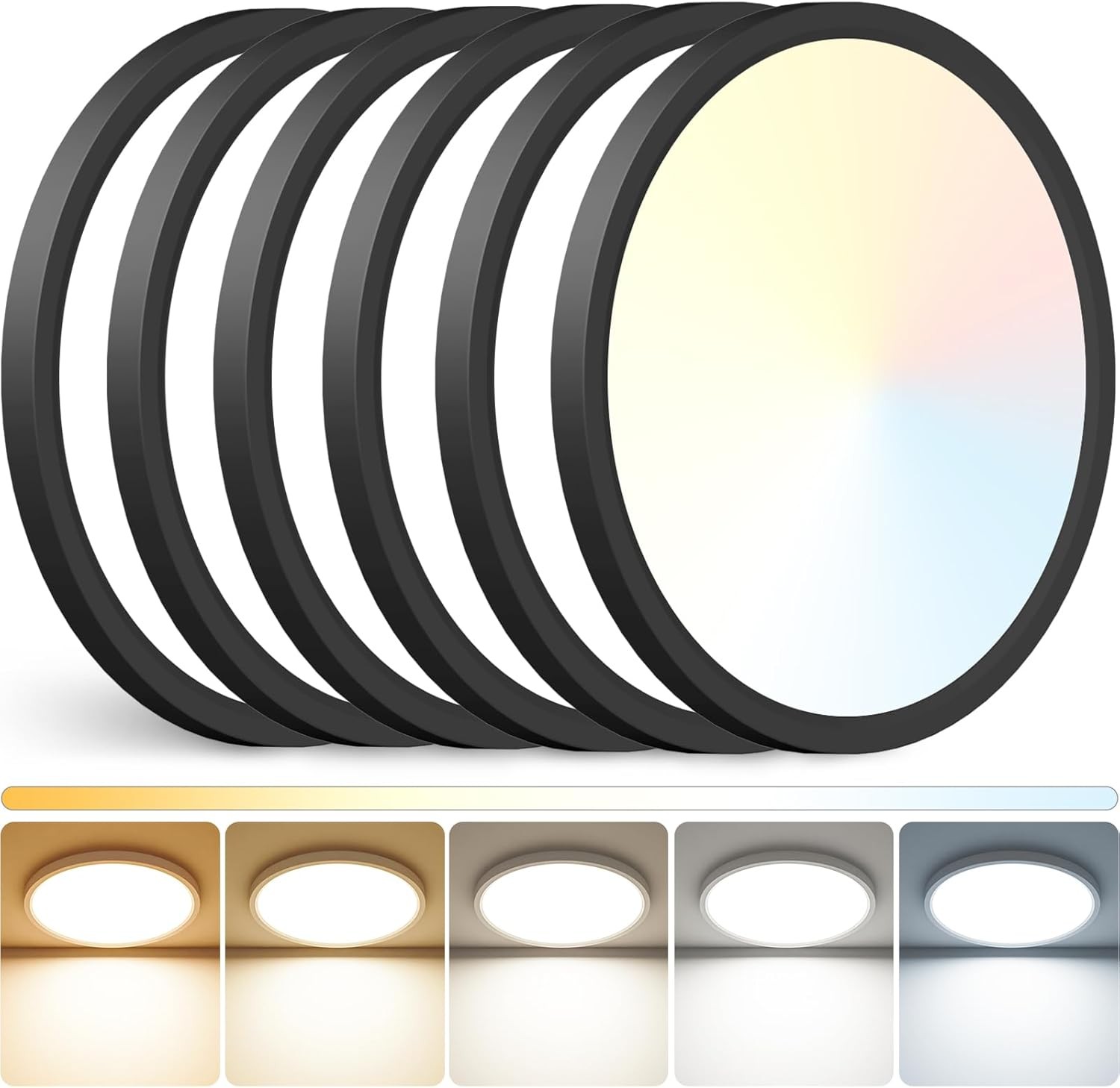 6 Pack 12 Inch 5CCT LED Ceiling Light Flush Mount Dimmable Fixture Black 2880LM