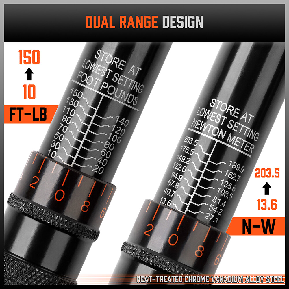 1/2" Drive Click Torque Wrench Snap Socket Ratcheting 10~150 FT-LB/13.6~203.5N-M