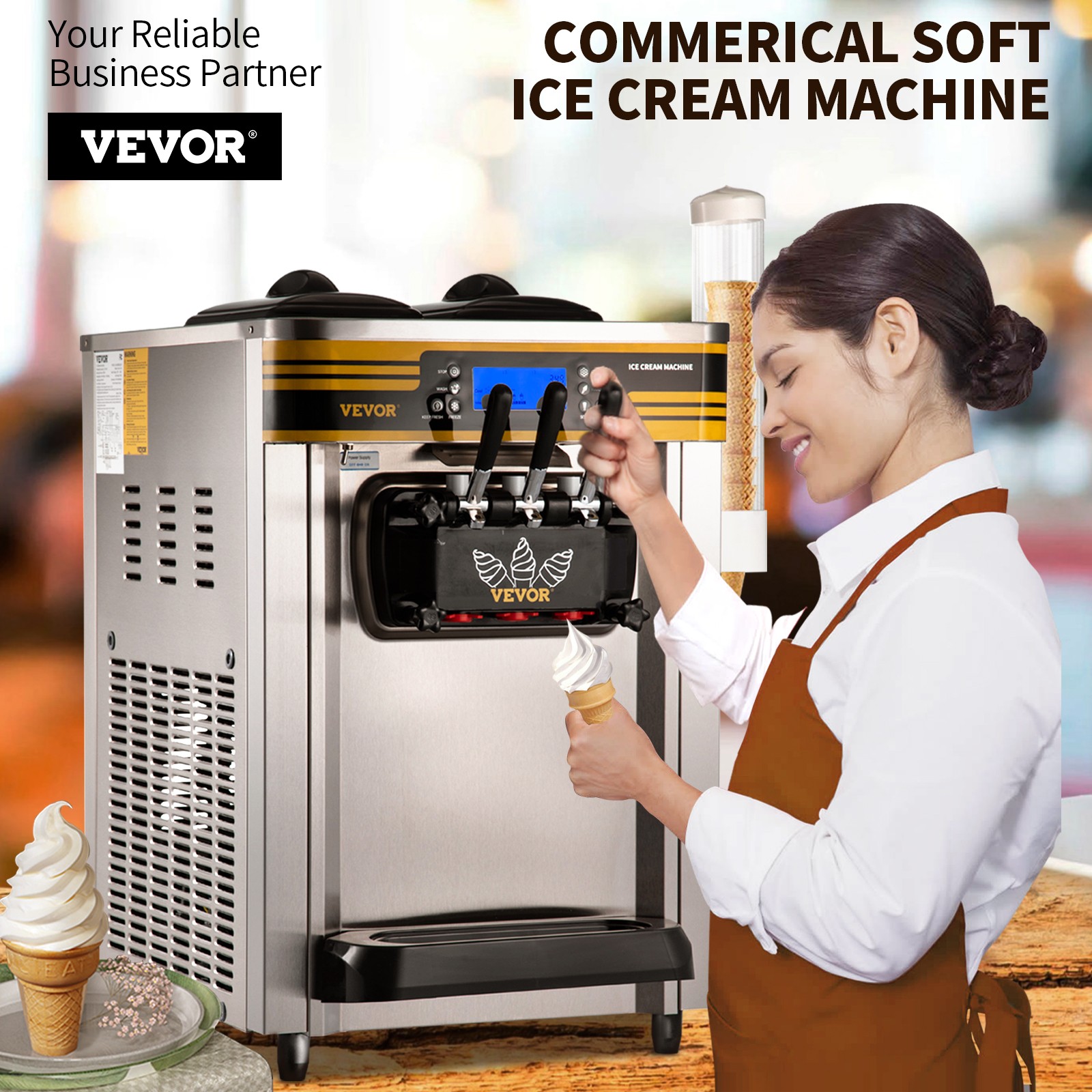 VEVOR Countertop Soft Serve Ice Cream Maker 22-30L/H 2350W Frozen Yogurt Machine